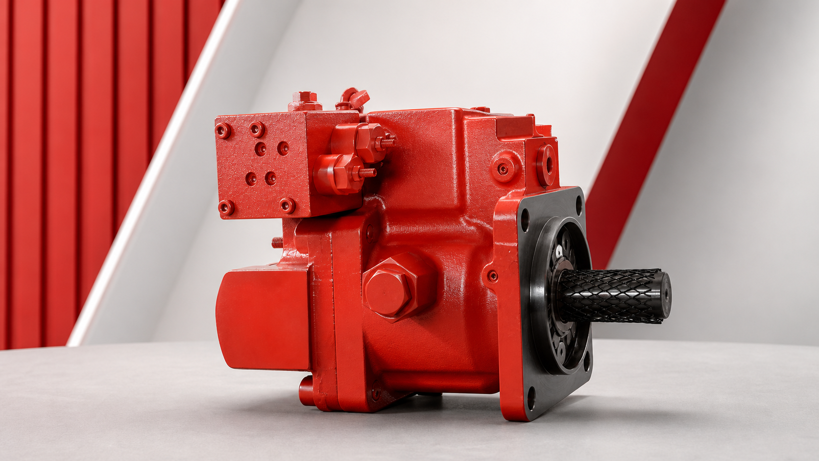 Red hydraulic pump prepared for model and quality matching
