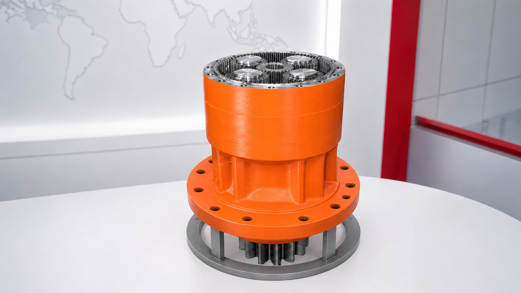 Excavator swing reducer secured on a steel service fixture